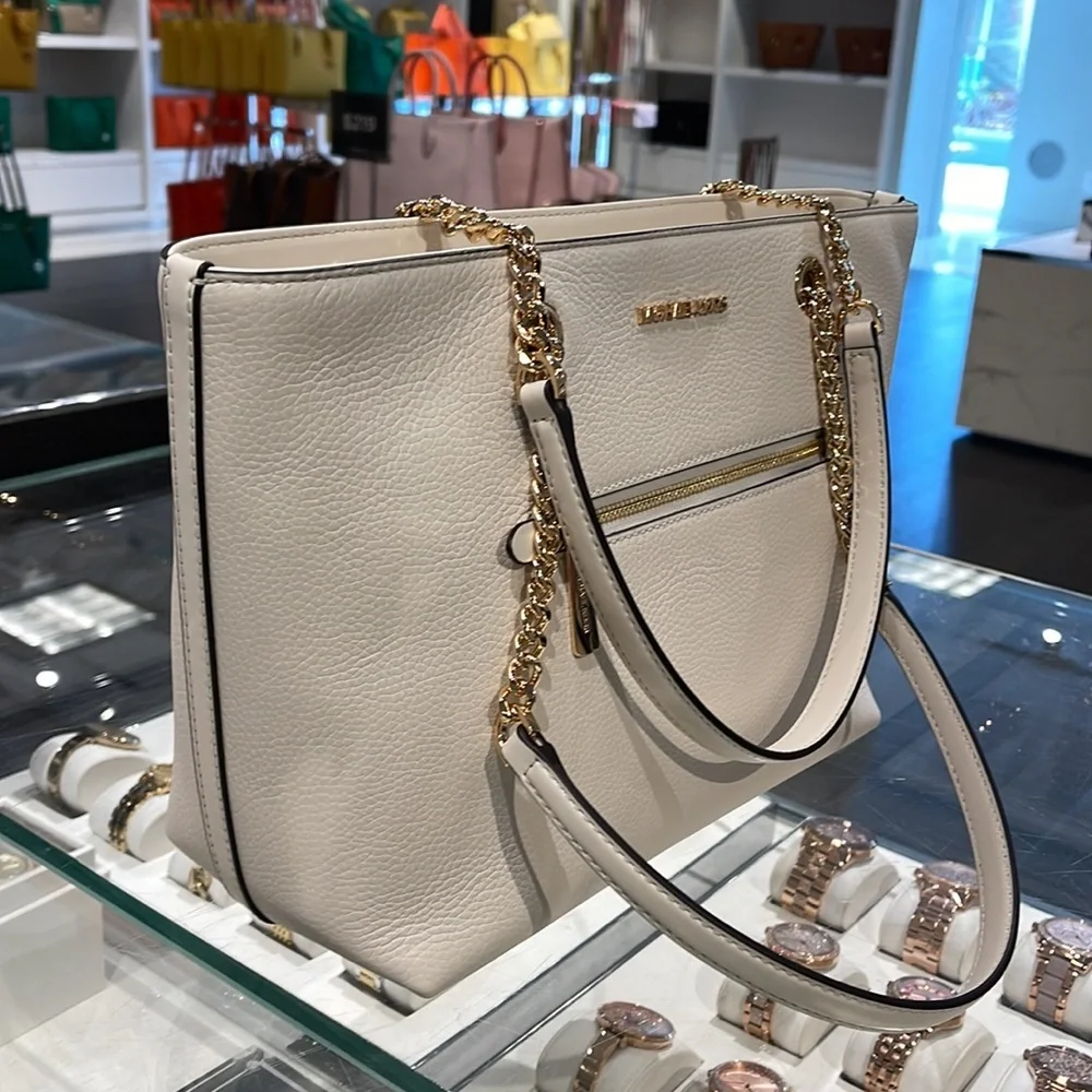 MICHAEL KORS Jet Set Medium Front Zip Pebbled Leather Chain Tote Bag Light Cream